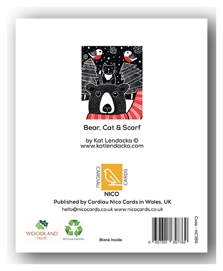 Pack of 6 Cards - PC385 Bear, Cat & Scarf - Kat Lendacka