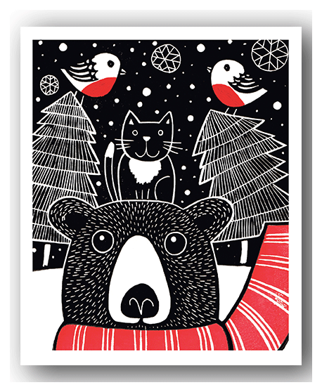 Pack of 6 Cards - PC385 Bear, Cat & Scarf - Kat Lendacka