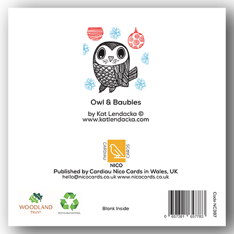 Pack of 6 Cards - PC387 Owl & Baubles - Kat Lendacka